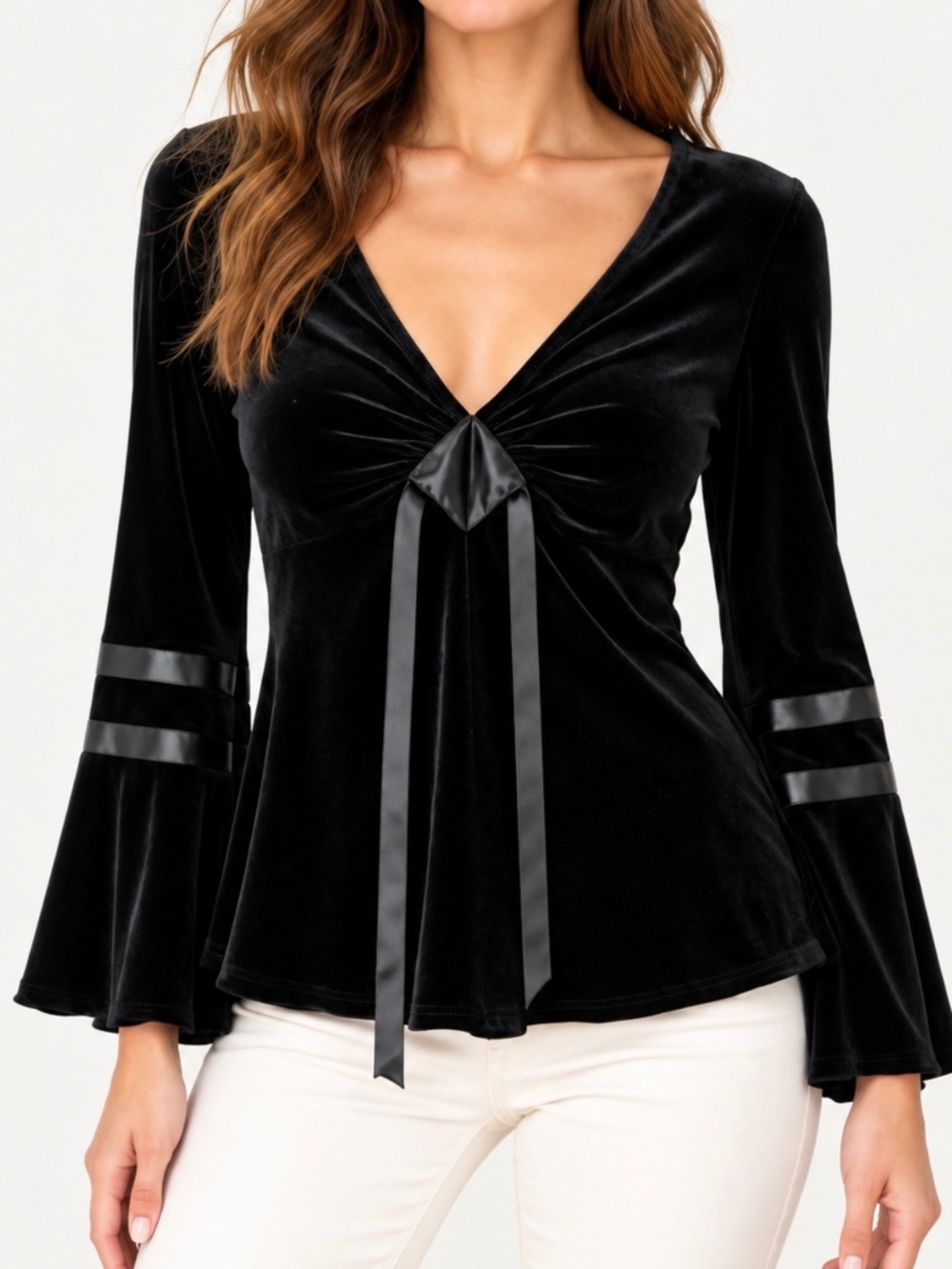 Susan Lawrence Vintage Y2K Black Velvet Bell Sleeve Tie Front Top Size S Goth